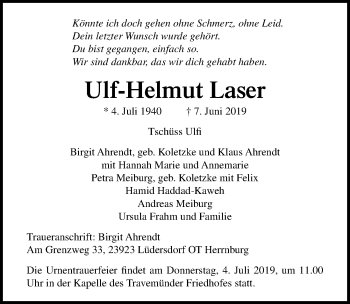 Traueranzeige von Ulf-Helmut Laser von Lübecker Nachrichten