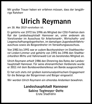 Traueranzeige von Ulrich Reymann von Hannoversche Allgemeine Zeitung/Neue Presse