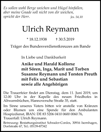 Traueranzeige von Ulrich Reymann von Hannoversche Allgemeine Zeitung/Neue Presse