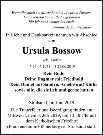 Traueranzeige von Ursula Bossow von Ostsee-Zeitung GmbH