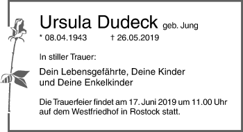 Traueranzeige von Ursula Dudeck von Ostsee-Zeitung GmbH