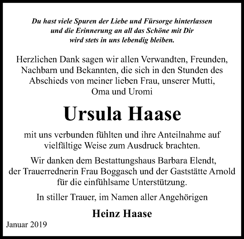  Traueranzeige für Ursula Haase vom 09.02.2019 aus Märkischen Allgemeine Zeitung