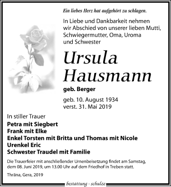 Traueranzeige von Ursula Hausmann von Leipziger Volkszeitung