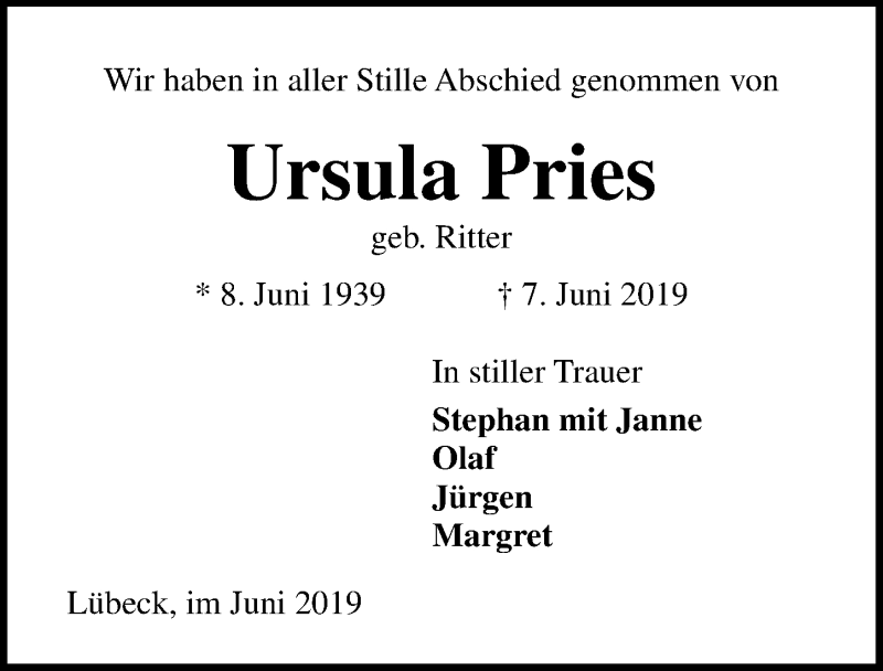  Traueranzeige für Ursula Pries vom 30.06.2019 aus Lübecker Nachrichten