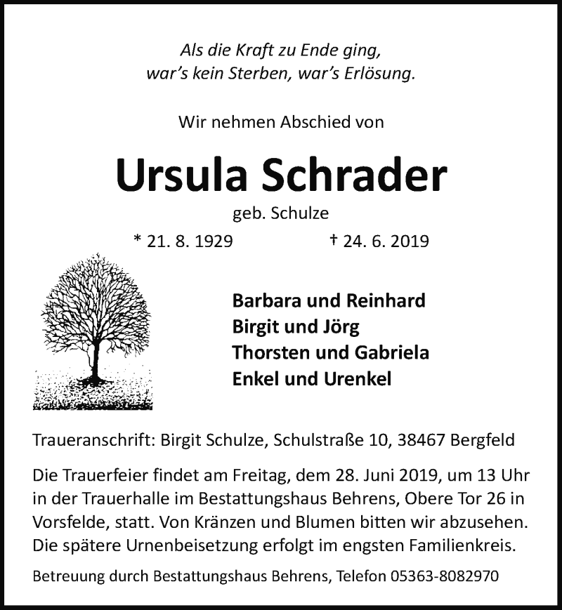  Traueranzeige für Ursula Schrader vom 27.06.2019 aus Aller Zeitung