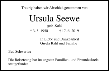 Traueranzeige von Ursula Seewe von Lübecker Nachrichten