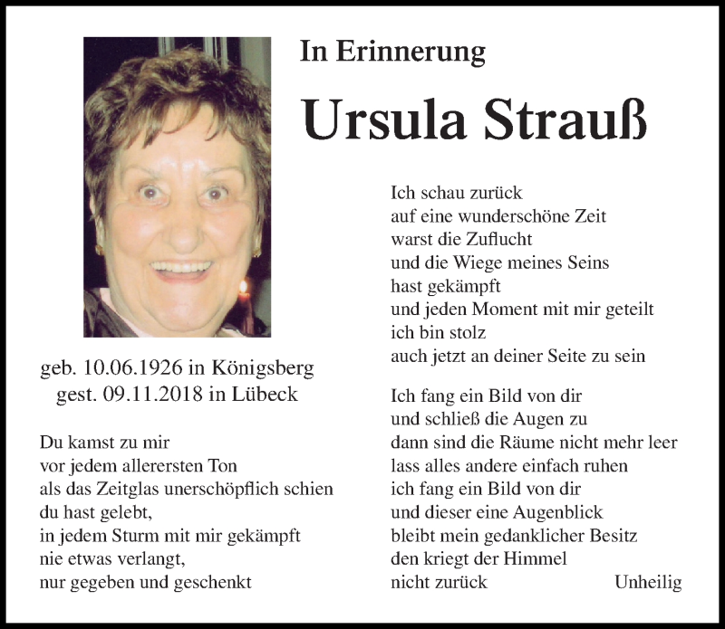  Traueranzeige für Ursula Strauß vom 09.06.2019 aus Lübecker Nachrichten