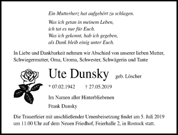 Traueranzeige von Ute Dunsky von Ostsee-Zeitung GmbH