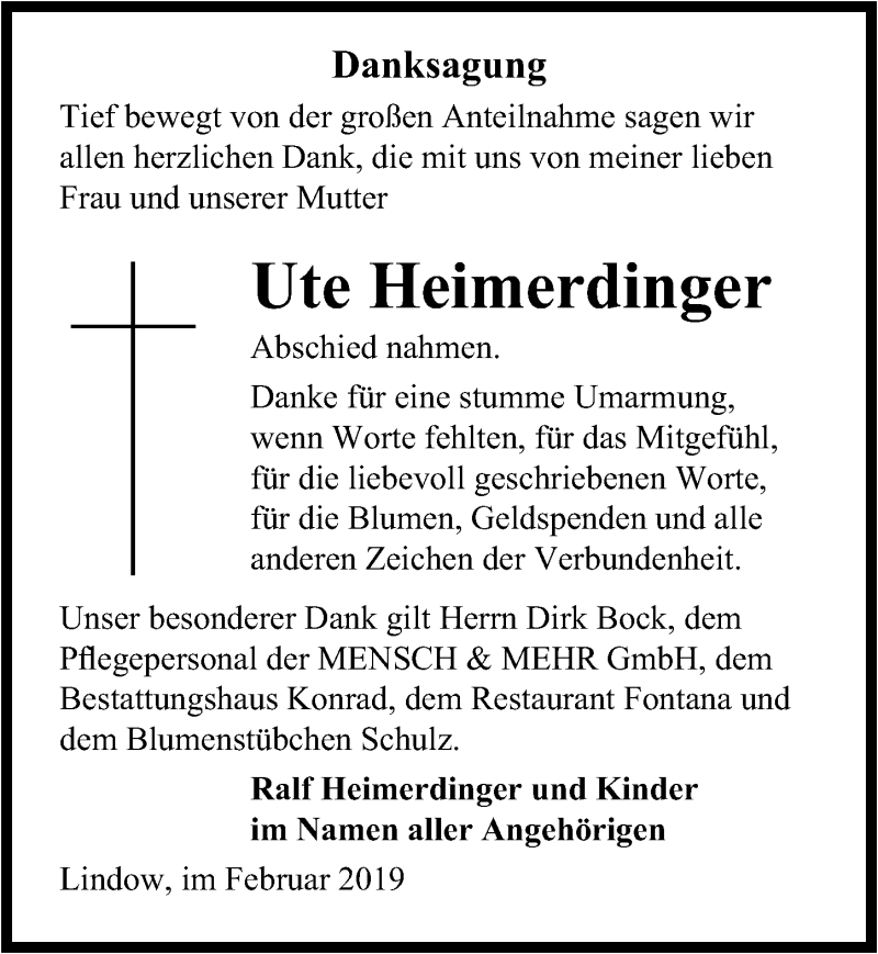  Traueranzeige für Ute Heimerdinger vom 09.02.2019 aus Märkischen Allgemeine Zeitung