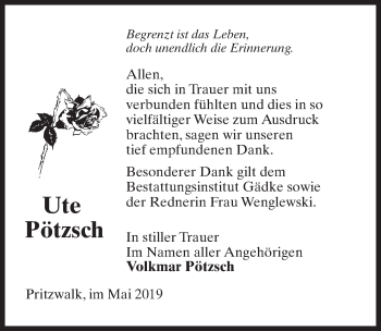 Traueranzeige von Ute Pötzsch von Märkischen Allgemeine Zeitung