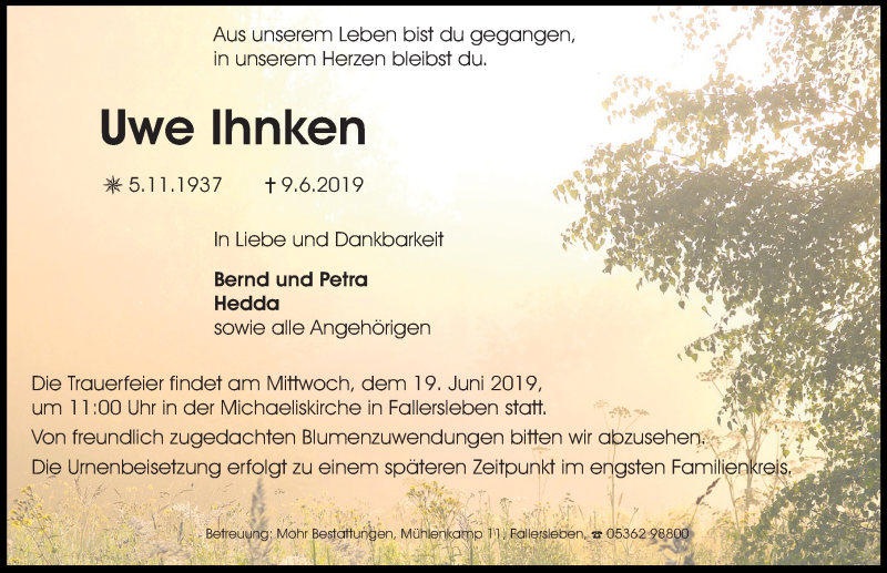  Traueranzeige für Uwe Ihnken vom 15.06.2019 aus Aller Zeitung