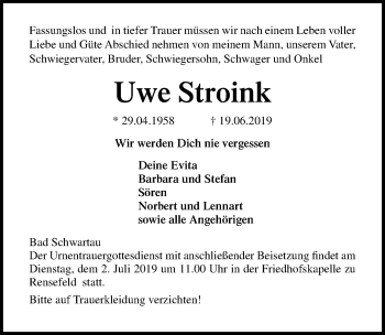 Traueranzeige von Uwe Stroink von Lübecker Nachrichten