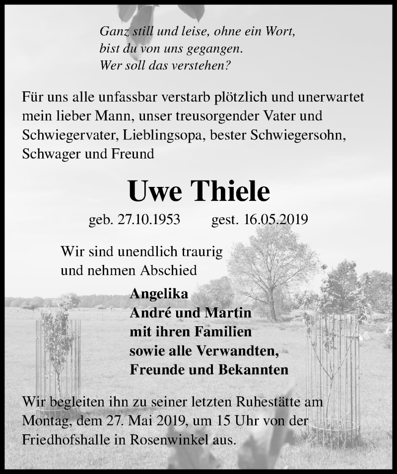  Traueranzeige für Uwe Thiele vom 22.05.2019 aus Märkischen Allgemeine Zeitung