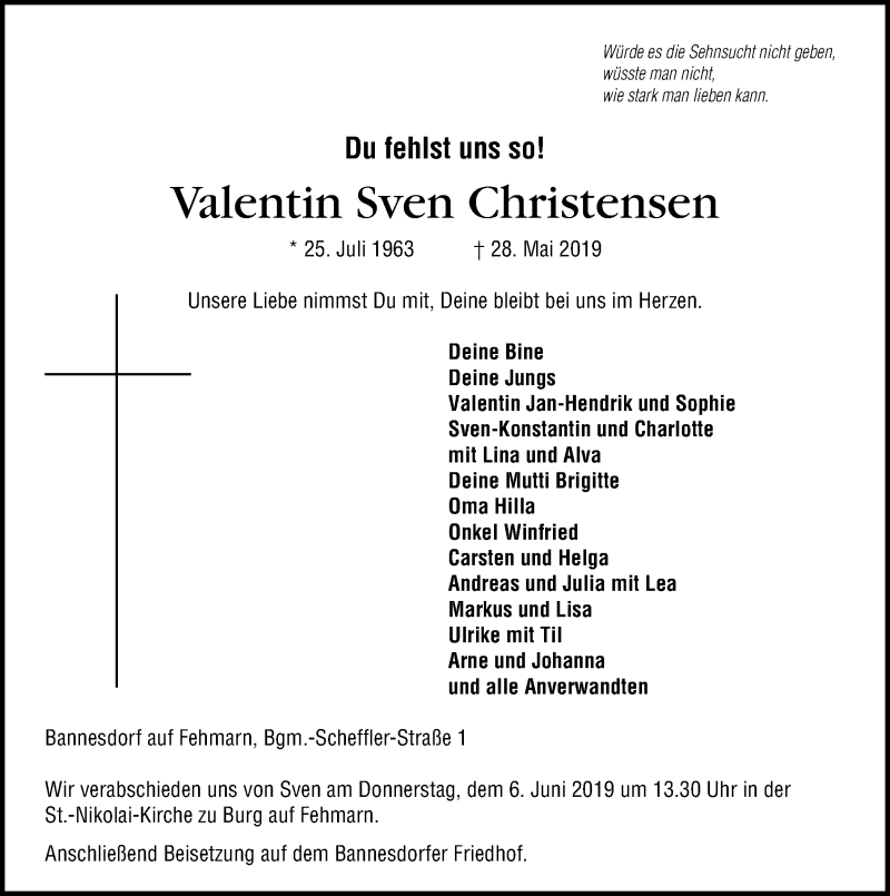  Traueranzeige für Valentin Sven Christensen vom 01.06.2019 aus Lübecker Nachrichten