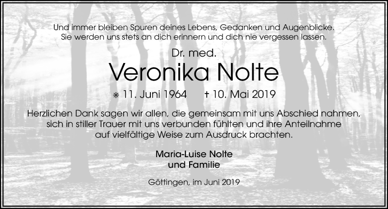  Traueranzeige für Veronika Nolte vom 22.06.2019 aus Göttinger Tageblatt