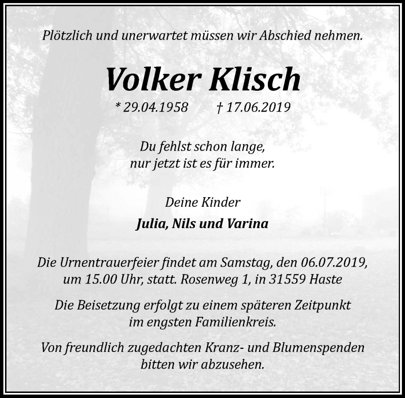  Traueranzeige für Volker Klisch vom 29.06.2019 aus Schaumburger Nachrichten