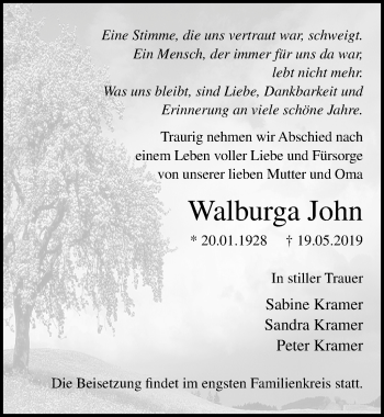 Traueranzeige von Walburga John von Ostsee-Zeitung GmbH