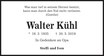Traueranzeige von Walter Kühl von Kieler Nachrichten