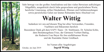 Traueranzeige von Walter Wittig von Märkischen Allgemeine Zeitung