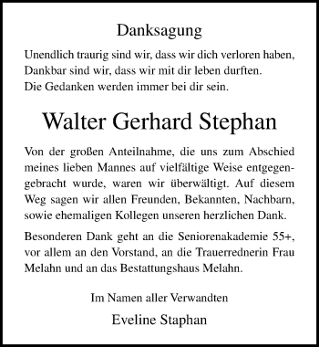 Traueranzeige von Walter Gerhard Stephan von Ostsee-Zeitung GmbH