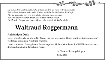 Traueranzeige von Waltraud Roggermann von Ostsee-Zeitung GmbH