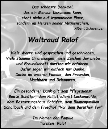 Traueranzeige von Waltraud Rolof