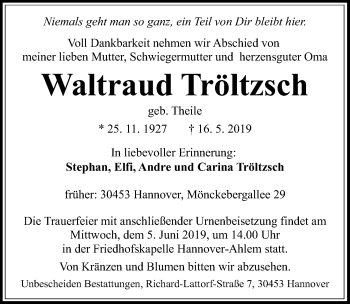 Traueranzeige von Waltraud Tröltzsch von Hannoversche Allgemeine Zeitung/Neue Presse