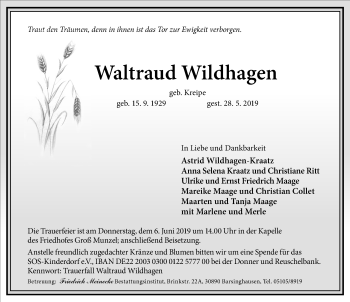 Traueranzeige von Waltraud Wildhagen von Hannoversche Allgemeine Zeitung/Neue Presse