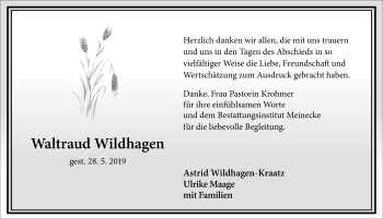 Traueranzeige von Waltraud Wildhagen von Hannoversche Allgemeine Zeitung/Neue Presse