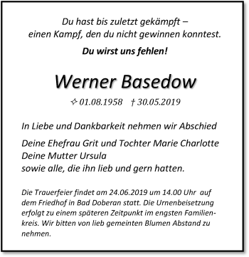 Traueranzeige von Werner Basedow von Ostsee-Zeitung GmbH