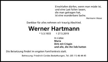 Traueranzeige von Werner Hartmann von Hannoversche Allgemeine Zeitung/Neue Presse