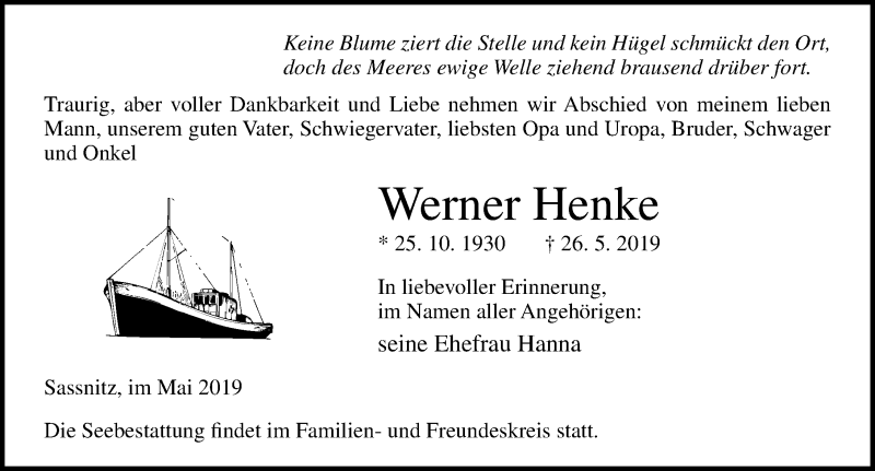  Traueranzeige für Werner Henke vom 01.06.2019 aus Ostsee-Zeitung GmbH