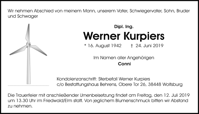  Traueranzeige für Werner Kurpiers vom 27.06.2019 aus Aller Zeitung