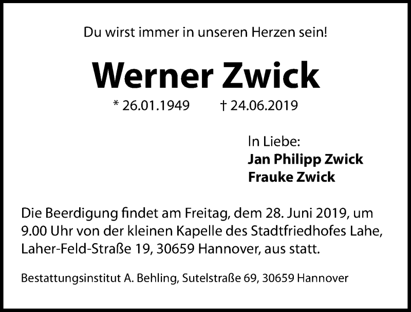  Traueranzeige für Werner Zwick vom 27.06.2019 aus Hannoversche Allgemeine Zeitung/Neue Presse