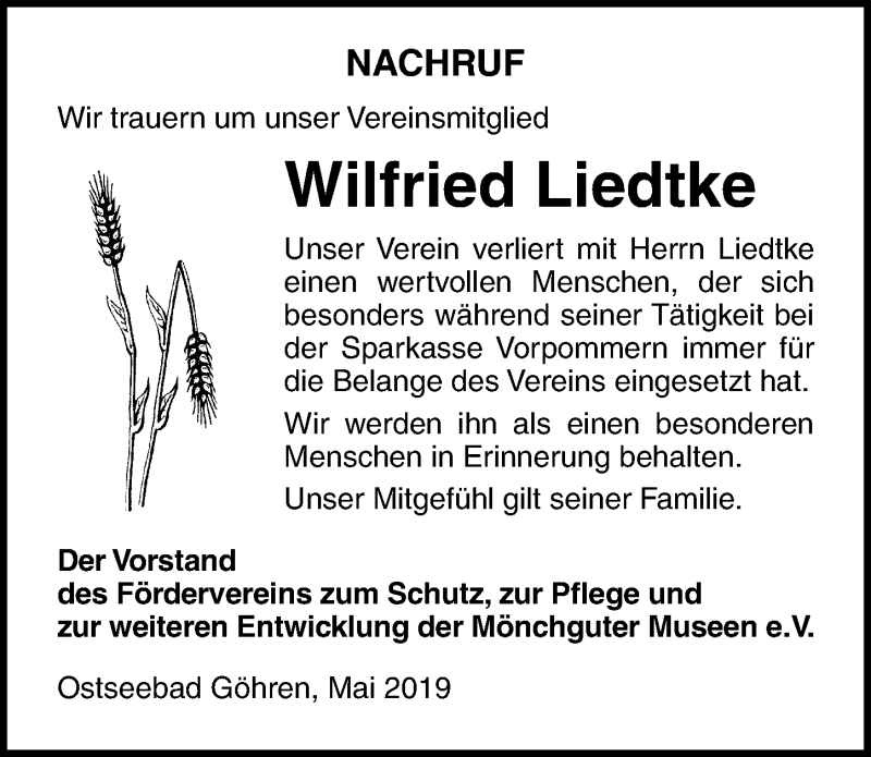  Traueranzeige für Wilfried Liedtke vom 01.06.2019 aus Ostsee-Zeitung GmbH