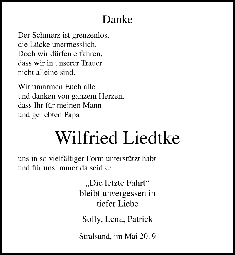  Traueranzeige für Wilfried Liedtke vom 15.06.2019 aus Ostsee-Zeitung GmbH