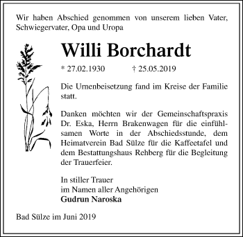 Traueranzeige von Willi Borchardt von Ostsee-Zeitung GmbH