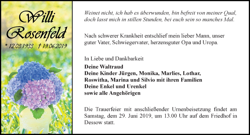  Traueranzeige für Willi Rosenfeld vom 22.06.2019 aus Märkischen Allgemeine Zeitung