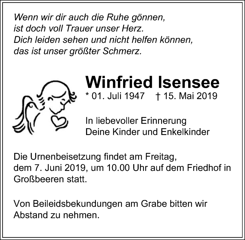  Traueranzeige für Winfried Isensee vom 01.06.2019 aus Märkischen Allgemeine Zeitung