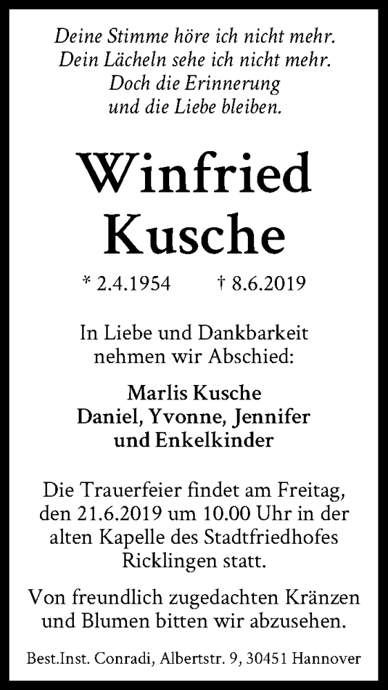  Traueranzeige für Winfried Kusche vom 15.06.2019 aus Hannoversche Allgemeine Zeitung/Neue Presse