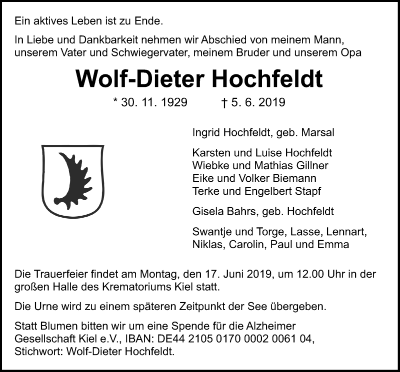  Traueranzeige für Wolf-Dieter Hochfeldt vom 08.06.2019 aus Kieler Nachrichten