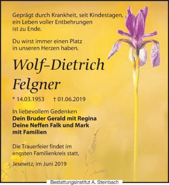 Traueranzeige von Wolf-Dietrich Felgner von Leipziger Volkszeitung