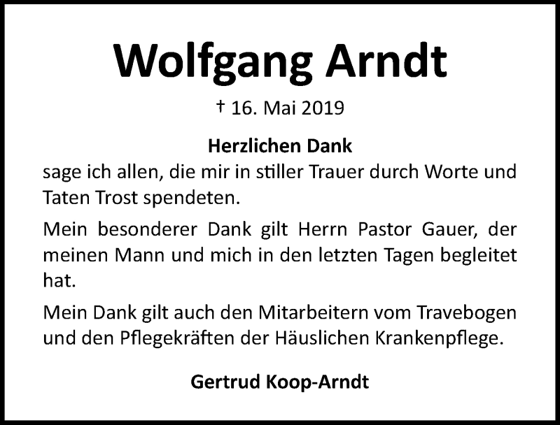  Traueranzeige für Wolfgang Arndt vom 16.06.2019 aus Lübecker Nachrichten