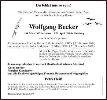 Traueranzeige von Wolfgang Becker von Märkischen Allgemeine Zeitung