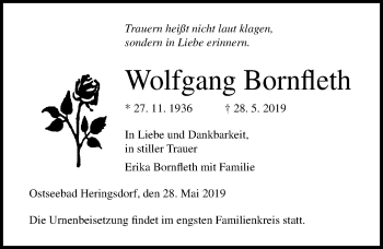 Traueranzeige von Wolfgang Bornfleth von Ostsee-Zeitung GmbH