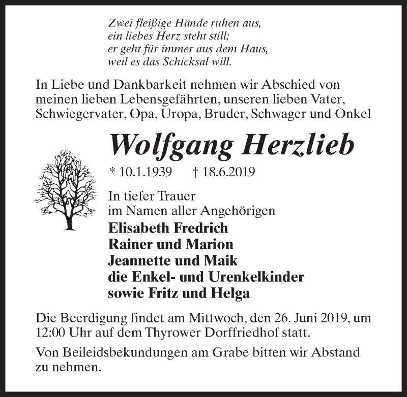  Traueranzeige für Wolfgang Herzlieb vom 22.06.2019 aus Märkischen Allgemeine Zeitung