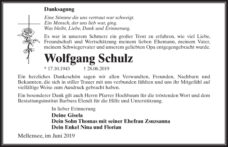  Traueranzeige für Wolfgang Schulz vom 15.06.2019 aus Märkischen Allgemeine Zeitung
