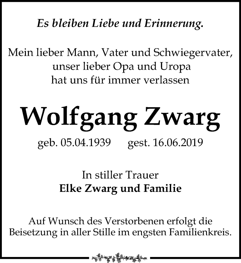  Traueranzeige für Wolfgang Zwarg vom 22.06.2019 aus Leipziger Volkszeitung