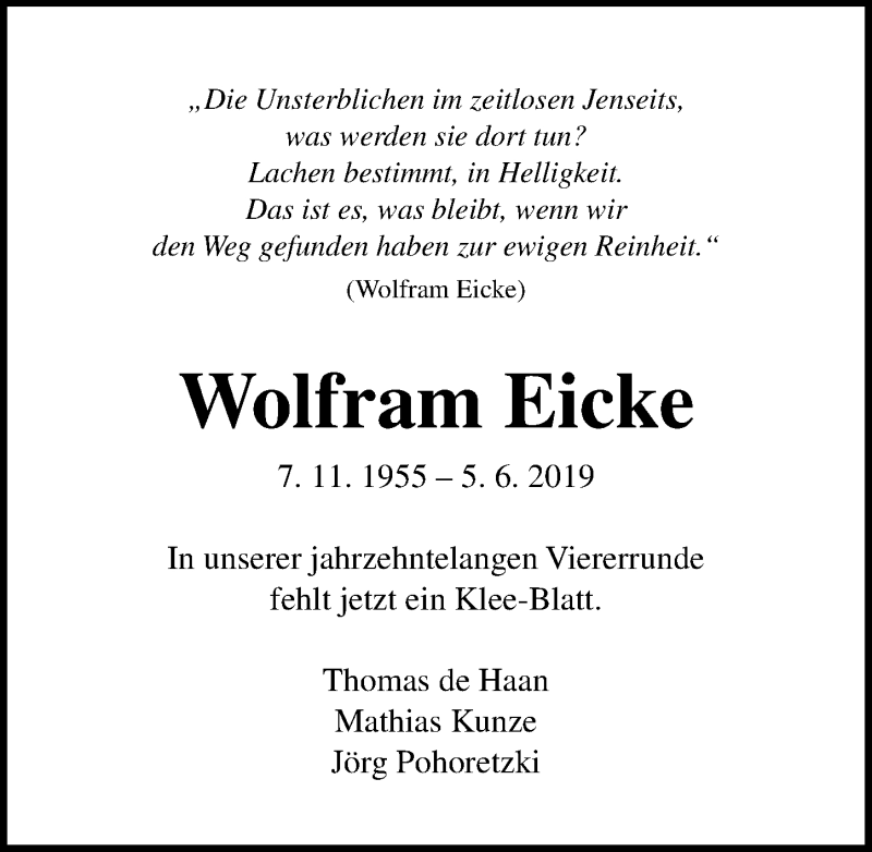  Traueranzeige für Wolfram Eicke vom 13.06.2019 aus Lübecker Nachrichten