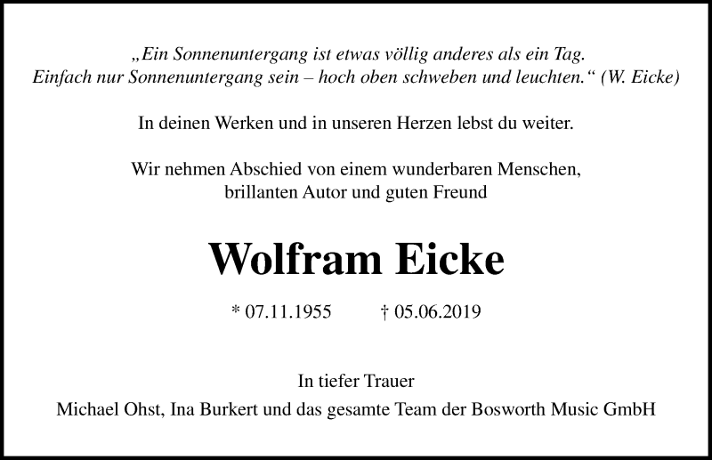  Traueranzeige für Wolfram Eicke vom 09.06.2019 aus Lübecker Nachrichten